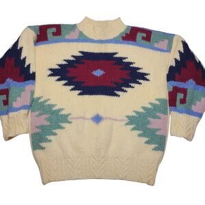 Vintage Susann D Sweater Hand Knit 100% Wool Aztec Design Women's Size Medium